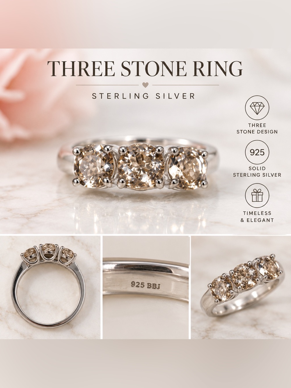 Multi Tonal Tawny Sterling Silver Three-Stone Clear ring - Women's Jewelry